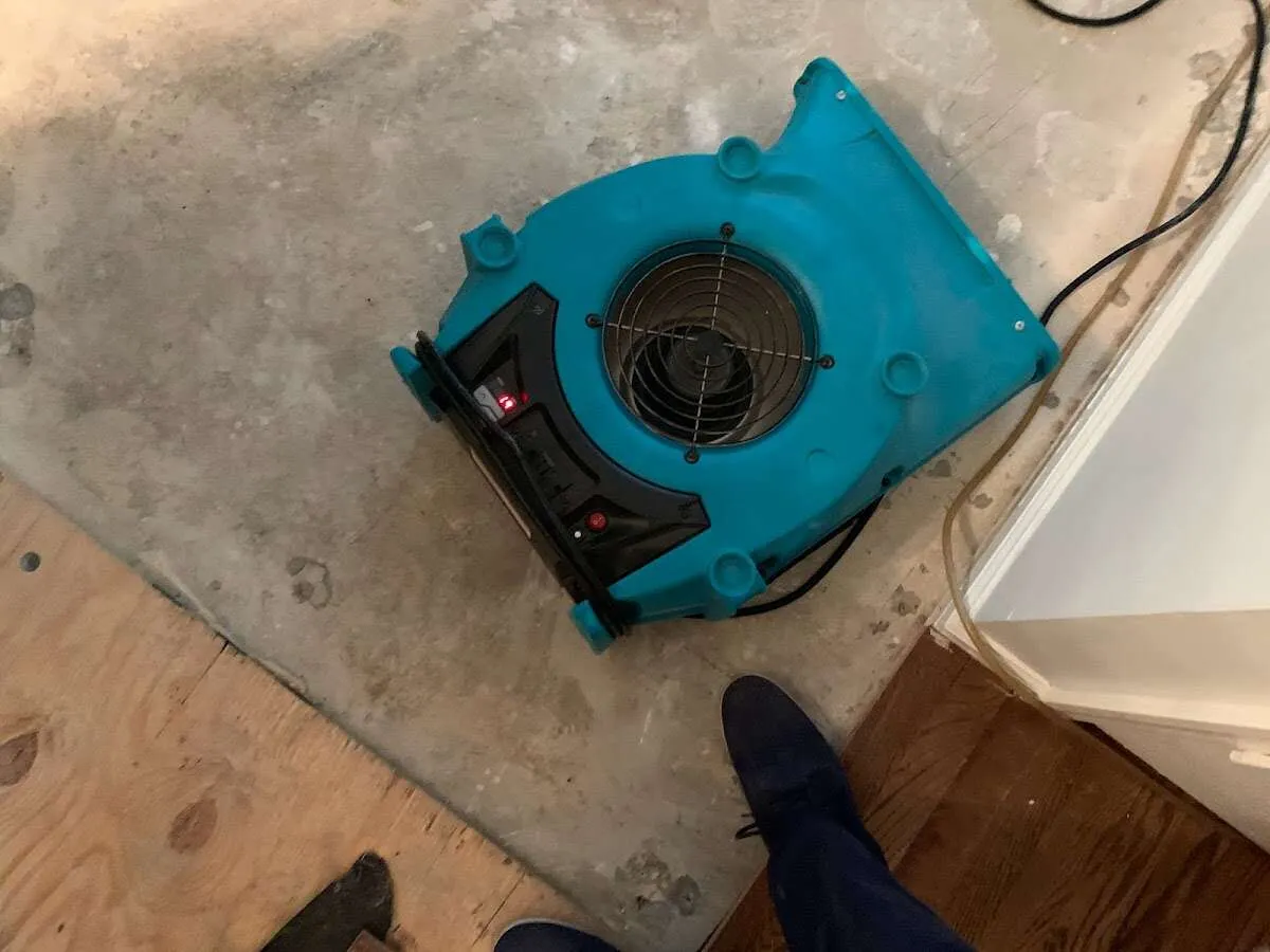 Air mover drying subfloor during Commercial Water Damage Restoration in Gresham
